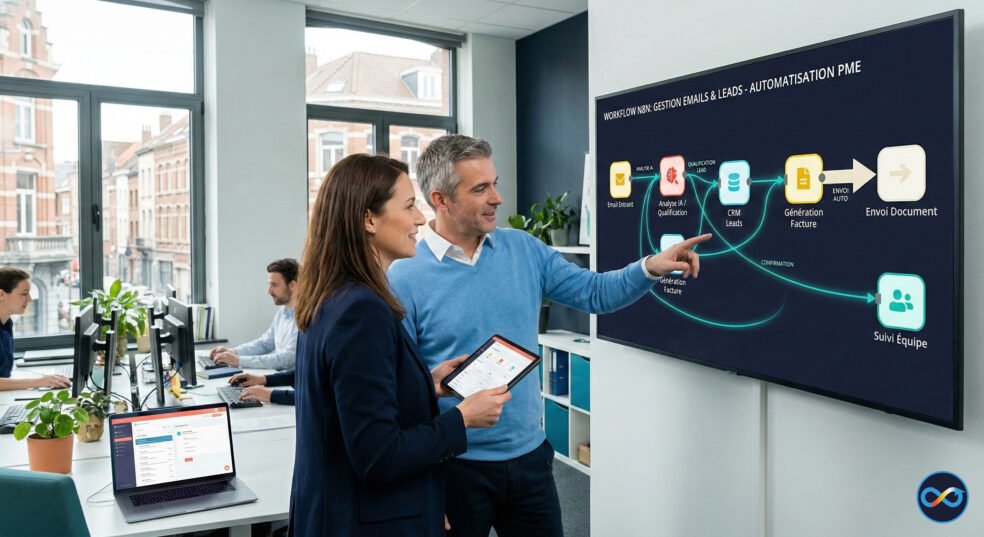Deux collaborateurs découvrent un workflow n8n d’automatisation pour PME, illustrant la gestion intelligente des emails, des leads et des documents. développé par Crazy AI